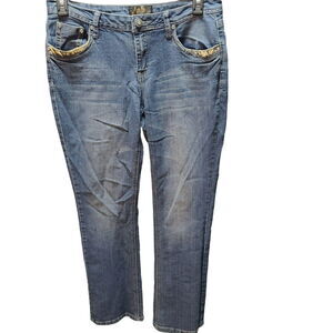 Karma Blue Womens Jeans Size 10 Cotton Blend Design On Pockets Zip And Button